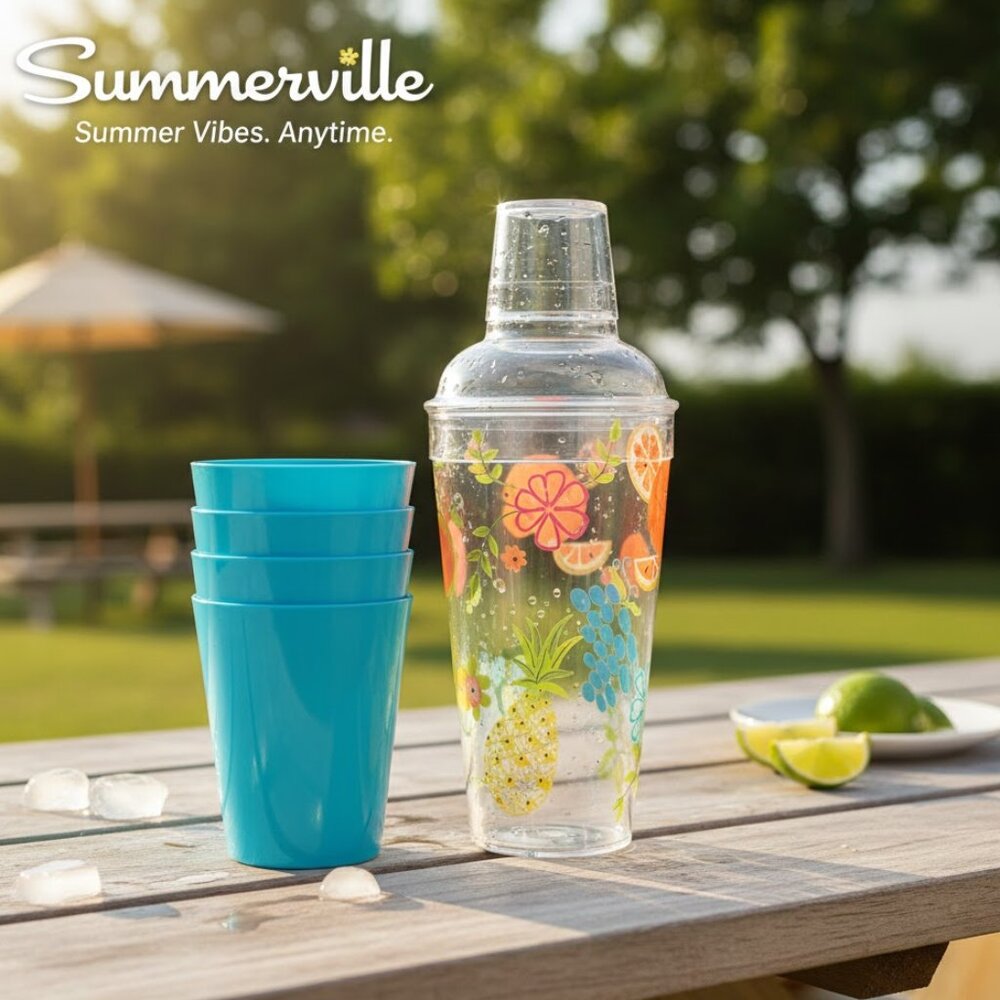Summerville Cocktail Shaker Set Plastic 4 Blue Glasses Outdoor Picnic